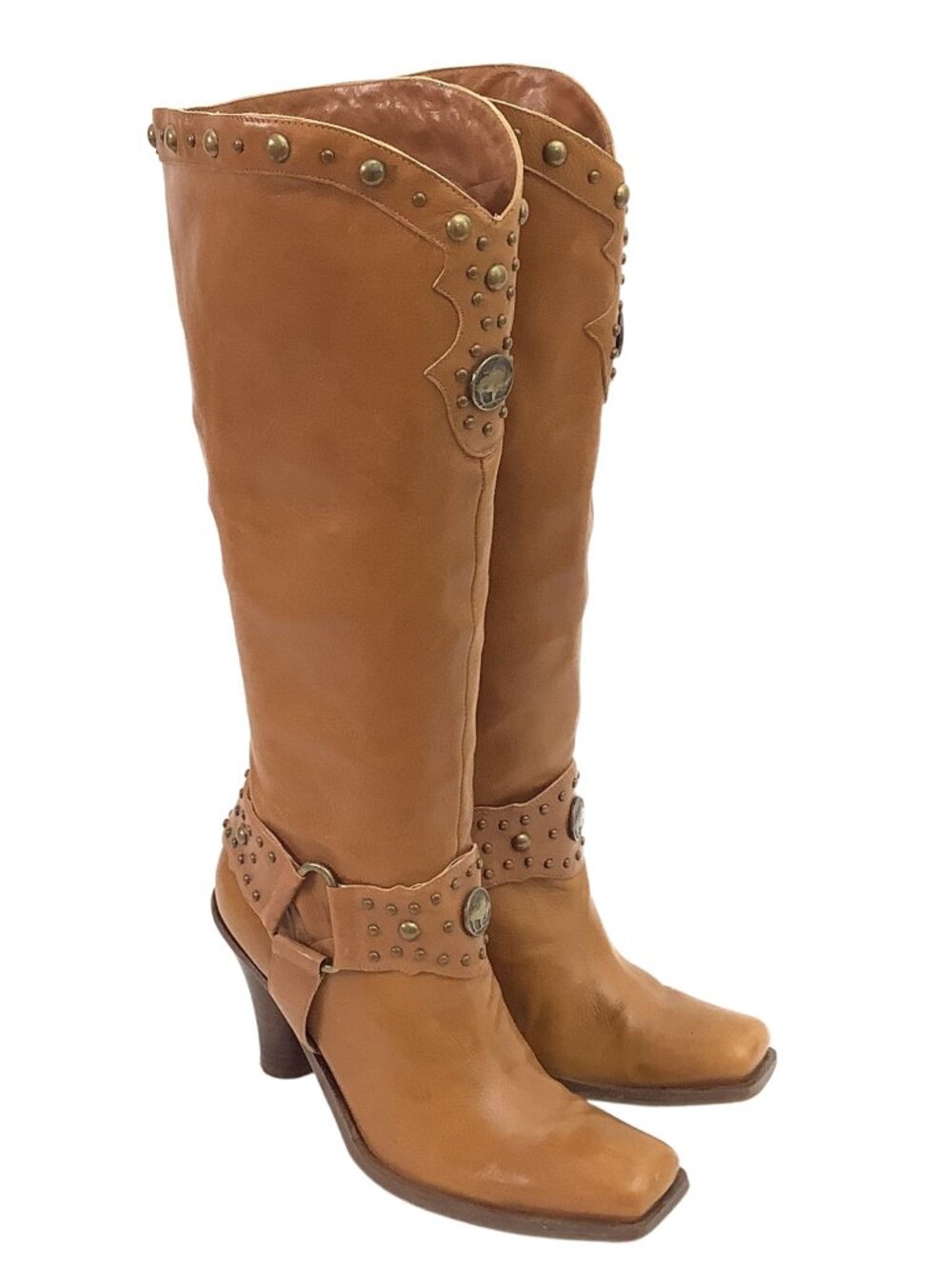 ANTONIO MELANI Tan Studded Leather Knee-High Combat Boots